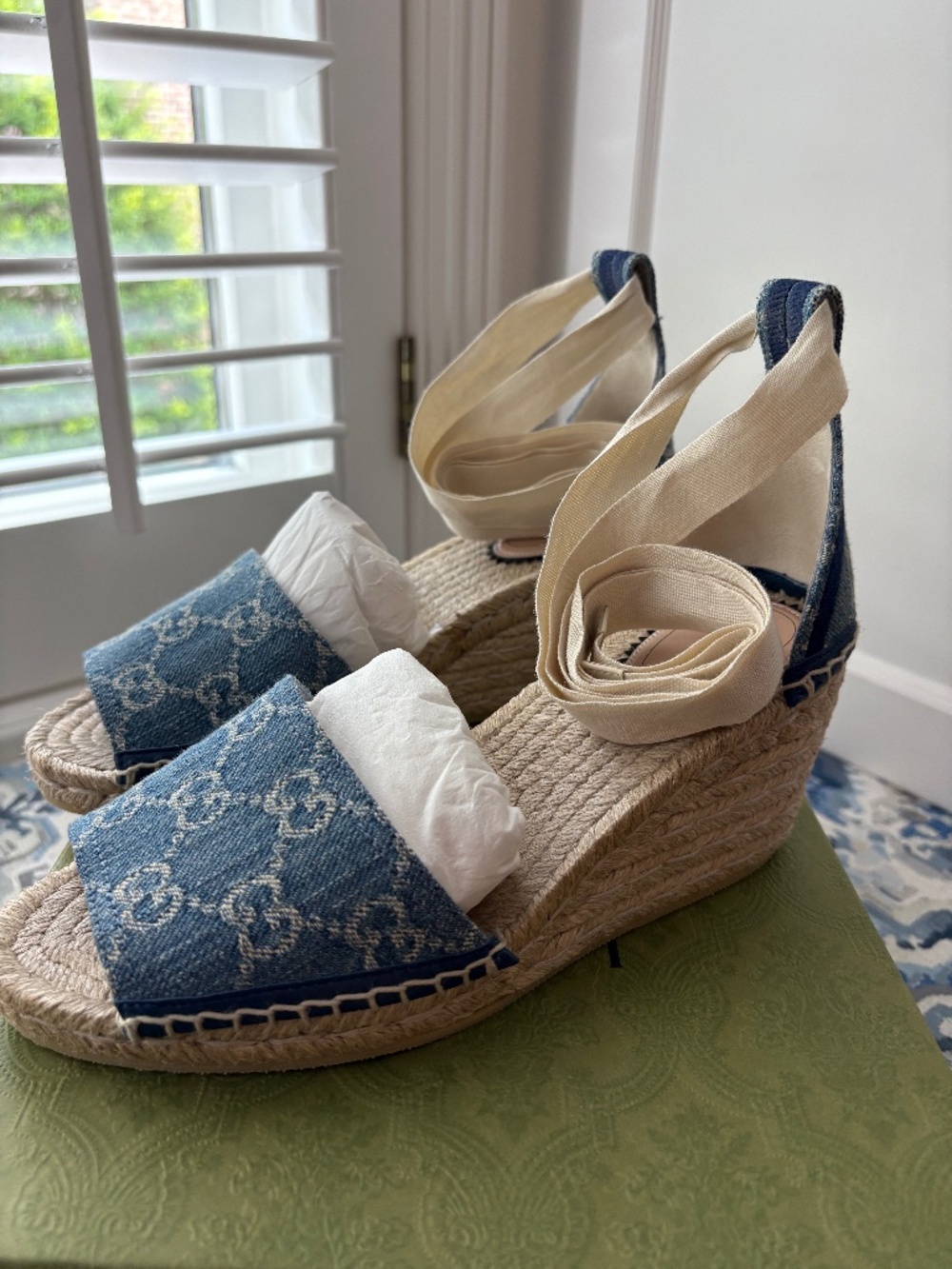 Gucci Pilar GG Denim Ankle Wrap Espadrille Wedge 7 1/2